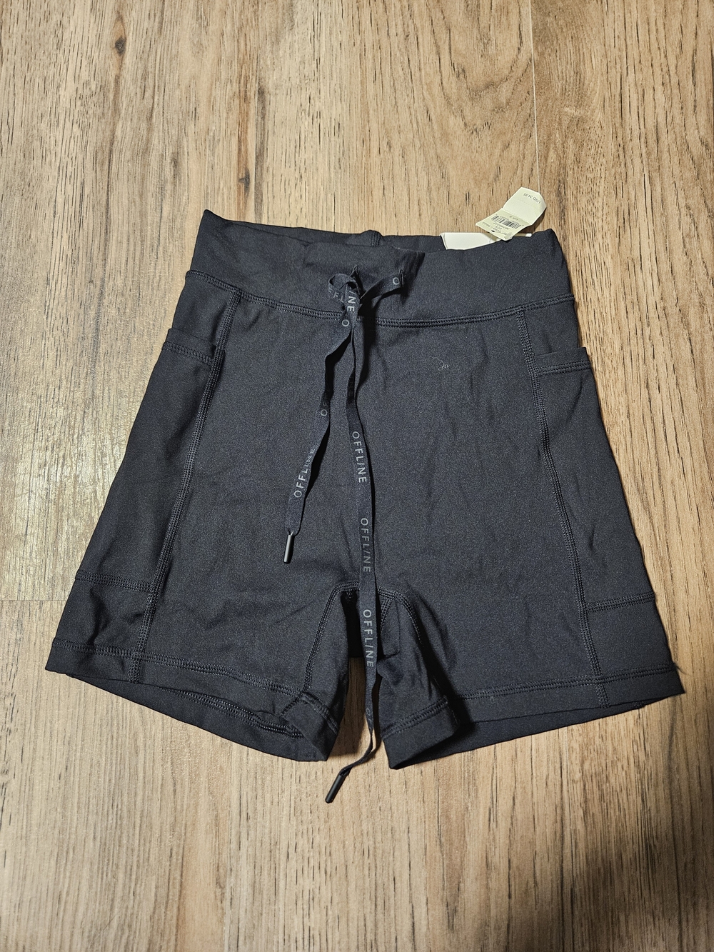 Offline by Aerie Black Biker Shorts with Pockets and Drawstring Waist